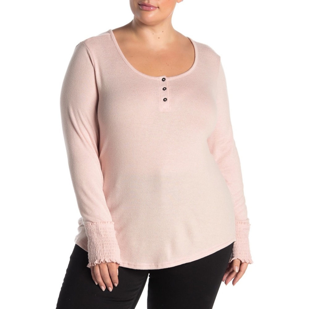 SUSINA Smocked Sleeve Henley Top Pink Smoke Sz 2X